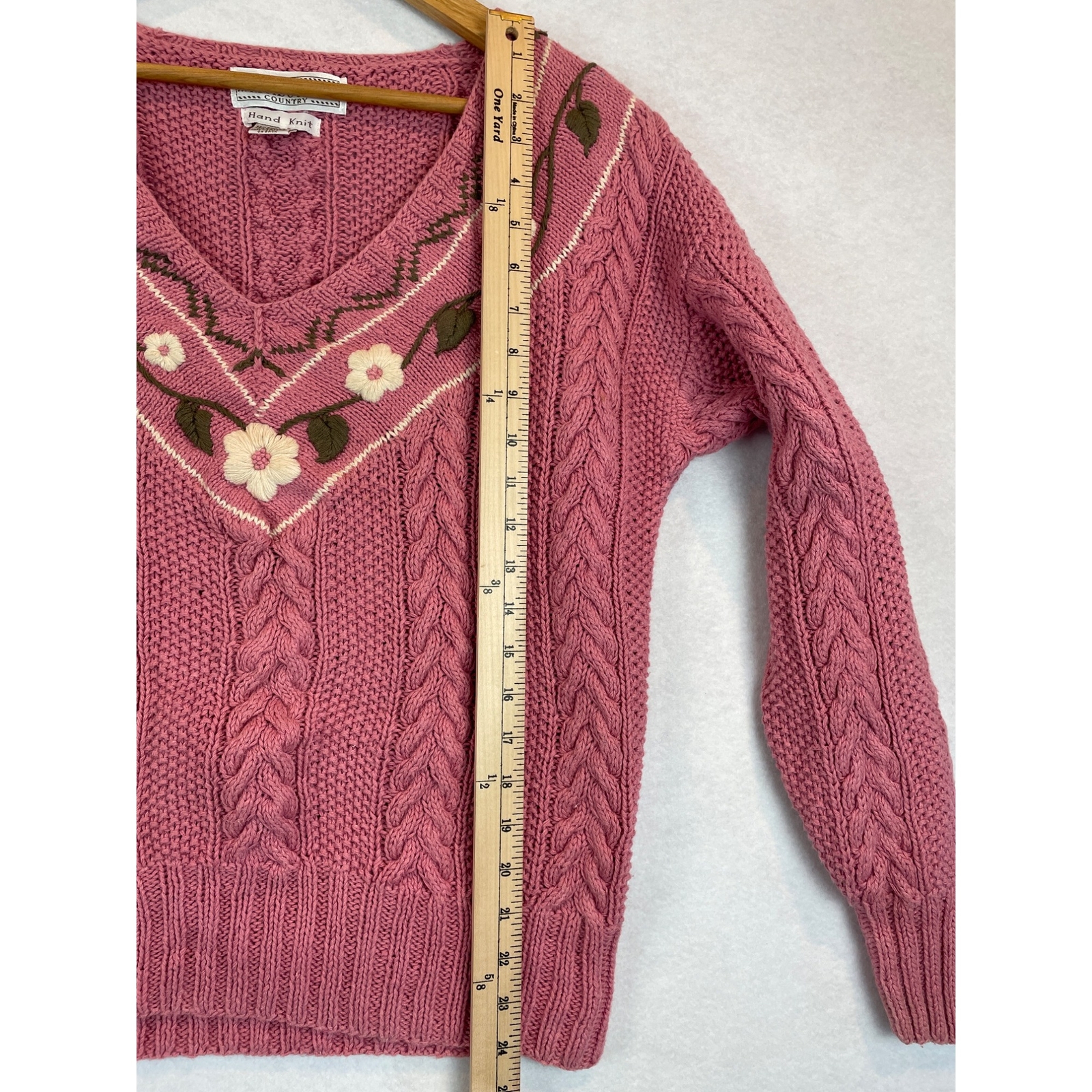 Vintage 80s 90s Melbourne Country Sweater Pink V Neck Floral Hand Knit Size M