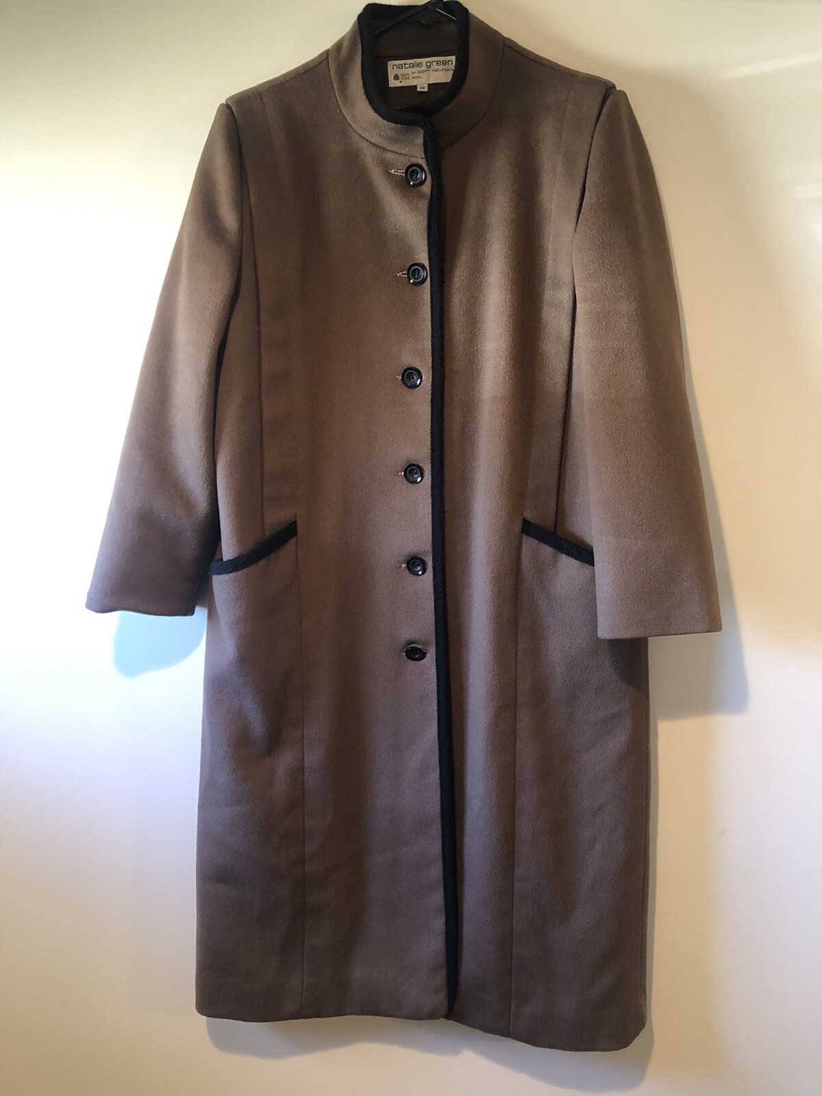 Vtg Natalie Green By Bert Newman 100% Pure Wool Brown Trenchcoat W/ Black Detail