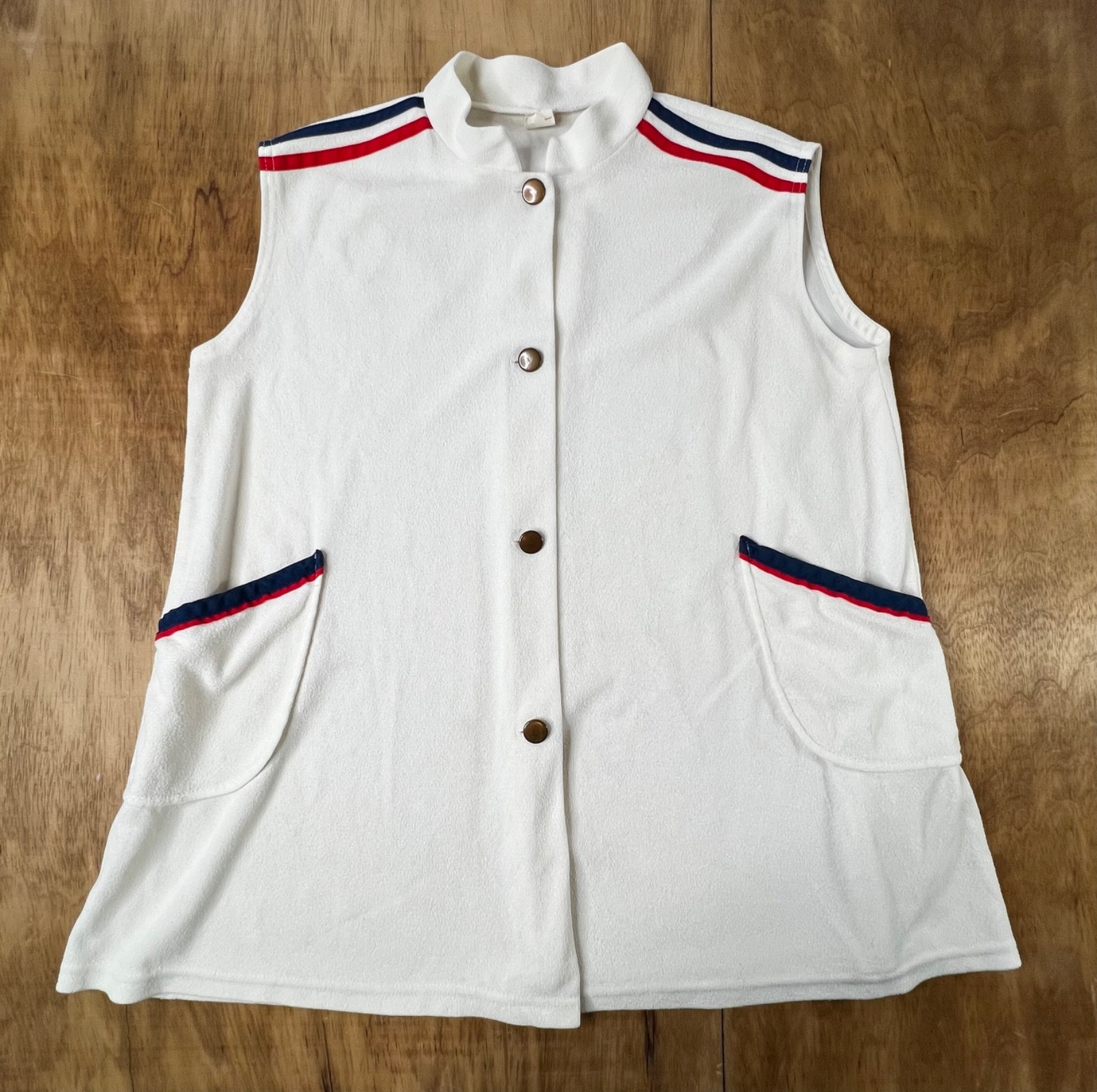 Vtg 80s Red White Blue Terry Cloth Beach Pool Swimsuit Cover Up Tunic Pockets