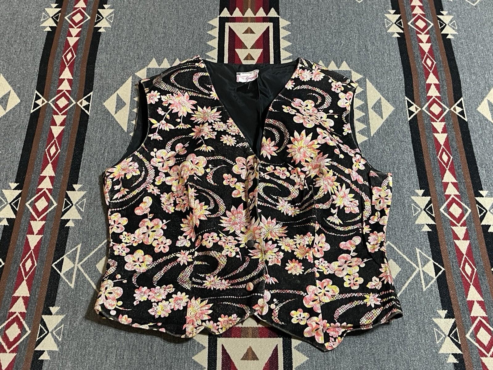 Vintage Gregory Floral Brocade Vest Black Pink Gold Women’s M T46