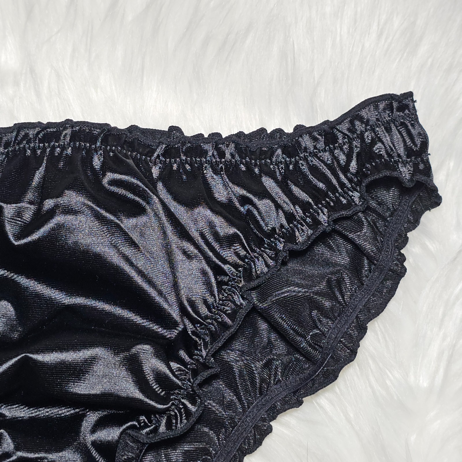 Glossy Nylon Satin Panty Liquid Black Bikini Sissy Ruffle Brief Sz. 8 Hip 40-44″