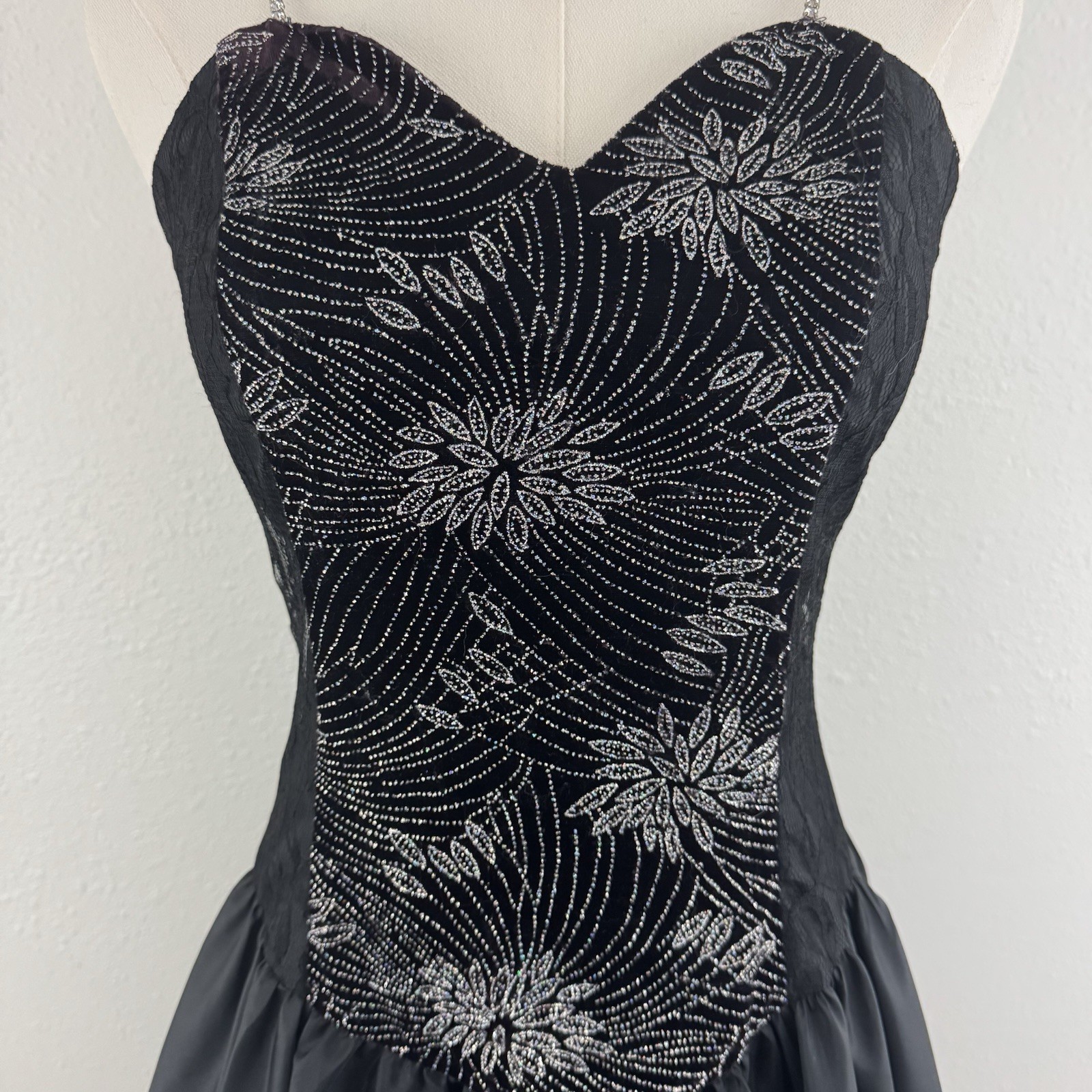 Vintage 90s Black Velvet Silver Floral Glitter Formal Homecoming Mini Dress