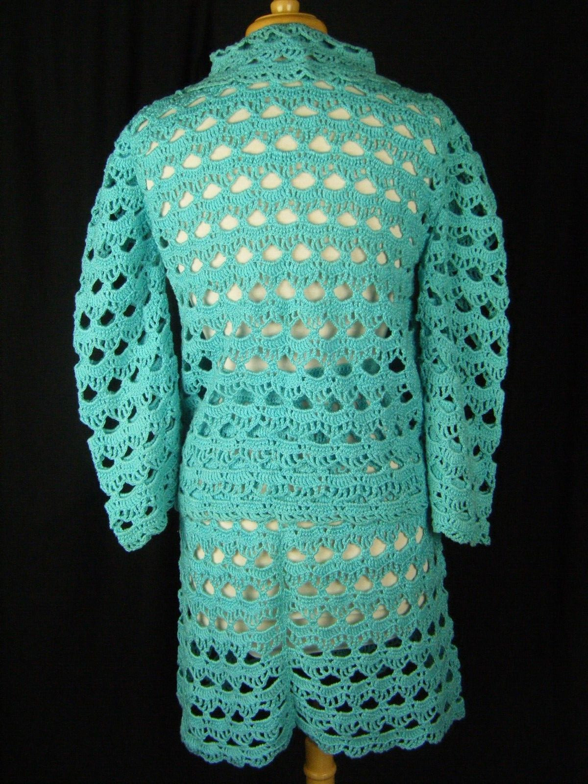 Vtg 60-70s Handmade Blue Crochet Eyelet Cardigan & Skirt-Bust 38/Waist 23-28