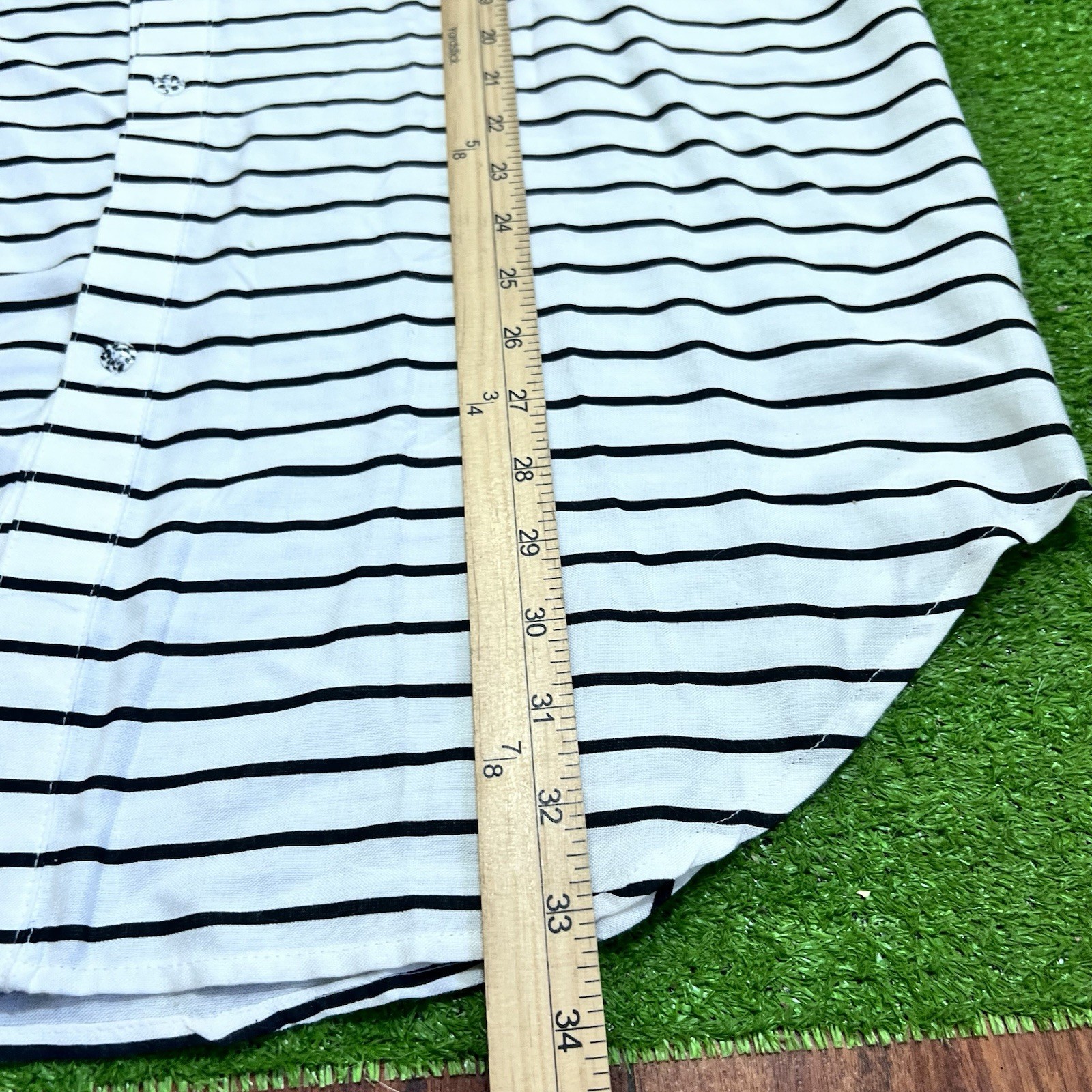 Vintage 70s Button Up 2XL Black White Stripe Floral Motif Leaf Scroll USA Made