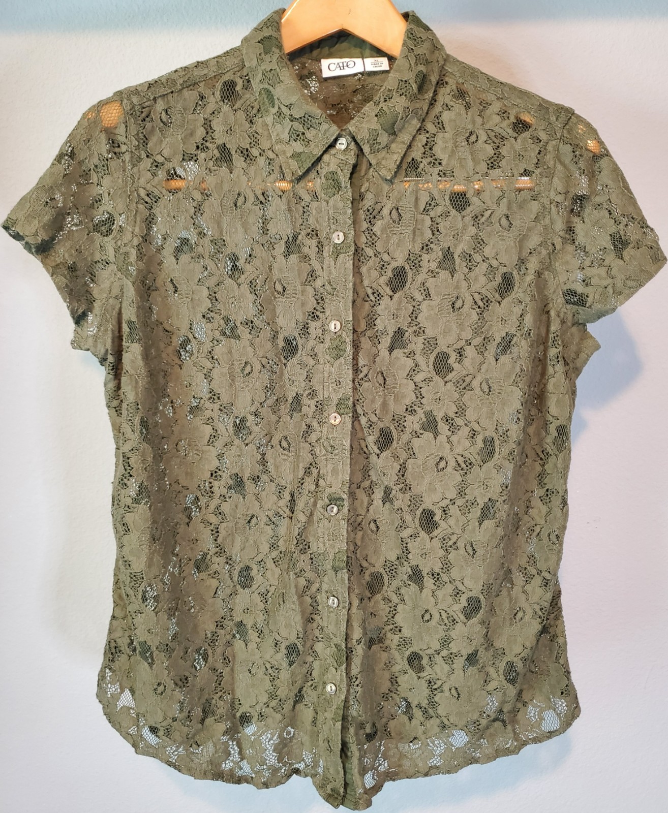 CATO Y2K Olive Green Floral Lace Button Up Shirt Womens XL Boho Goth
