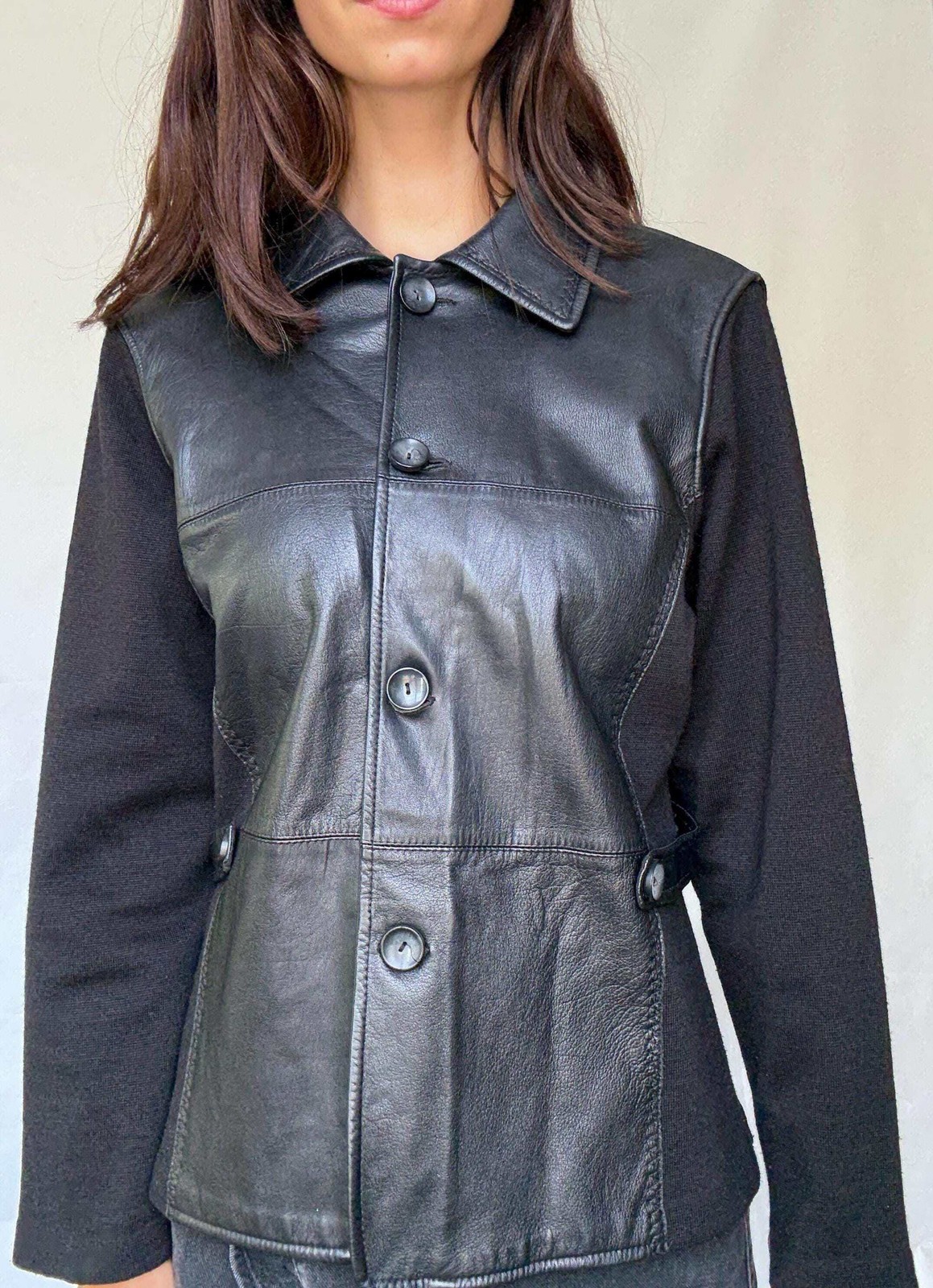 Luxury black leather and wool blend jacket, vintage minimalist style