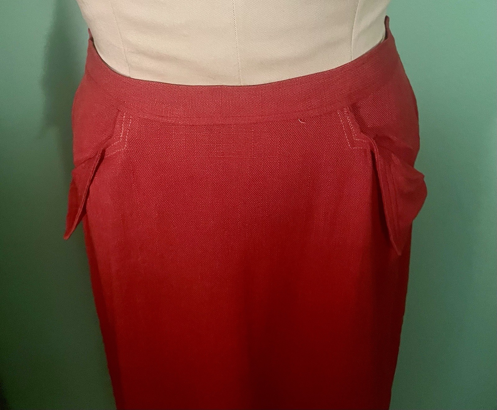 Vintage 1960s Red Linen Secretary Wiggle Skirt With Pockets No Label