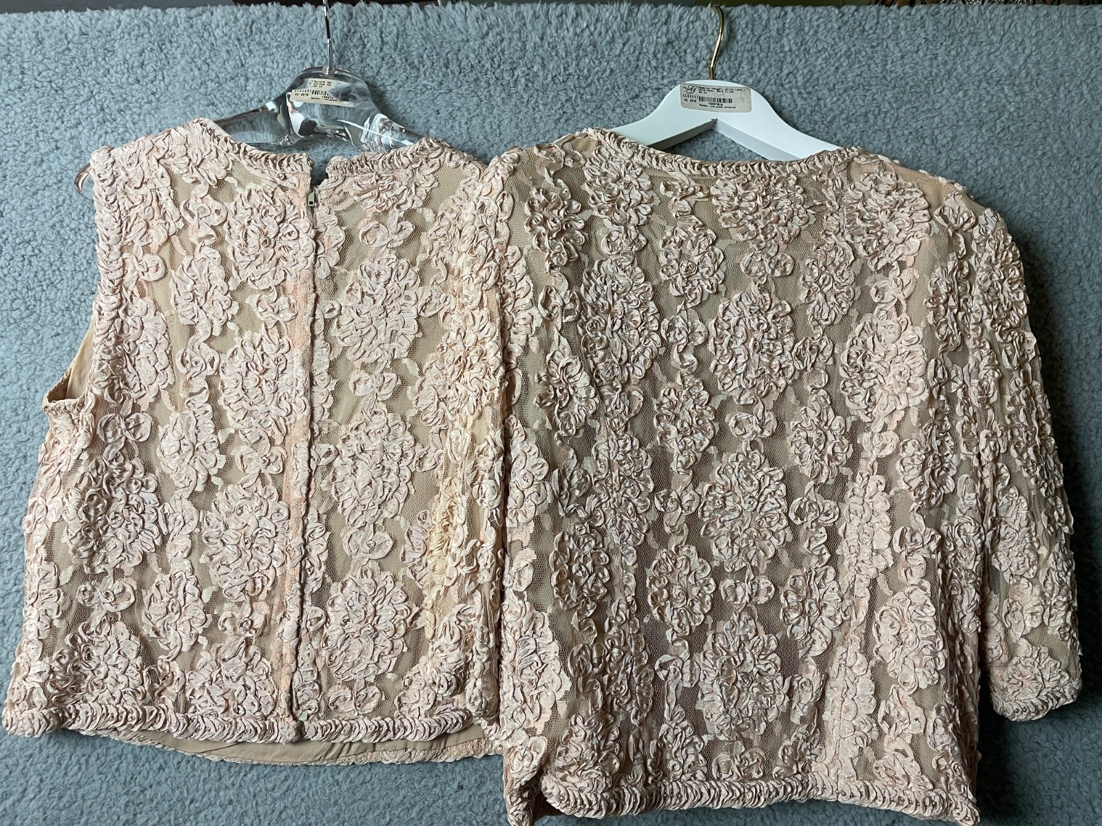 Vintage 50s Leonards Lace Jacket Top Set Small Pink Ribbon Pearl Embroidery VTG