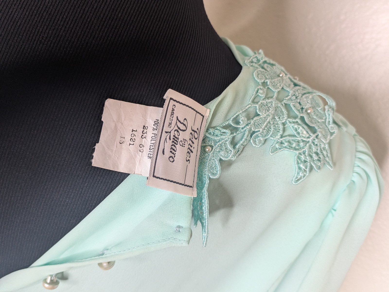 Vtg Petites By Demaro Seafoam Formal Chiffon Embroidery Pearl Ribbon Dress Sz 13