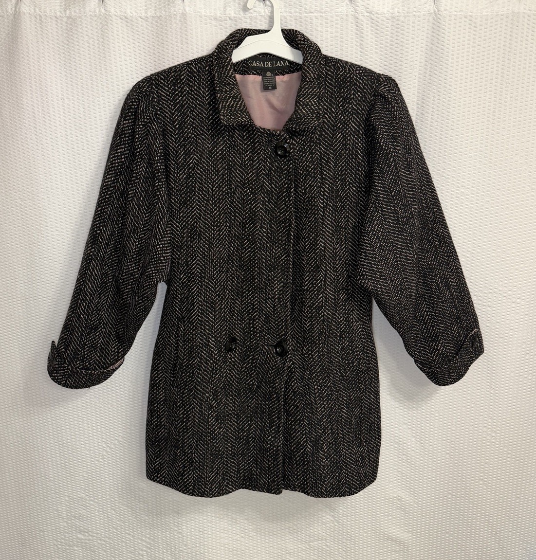Vintage Casa De Lana Uruguay 100% Pure New Wool Herringbone Pink Lining Coat 16