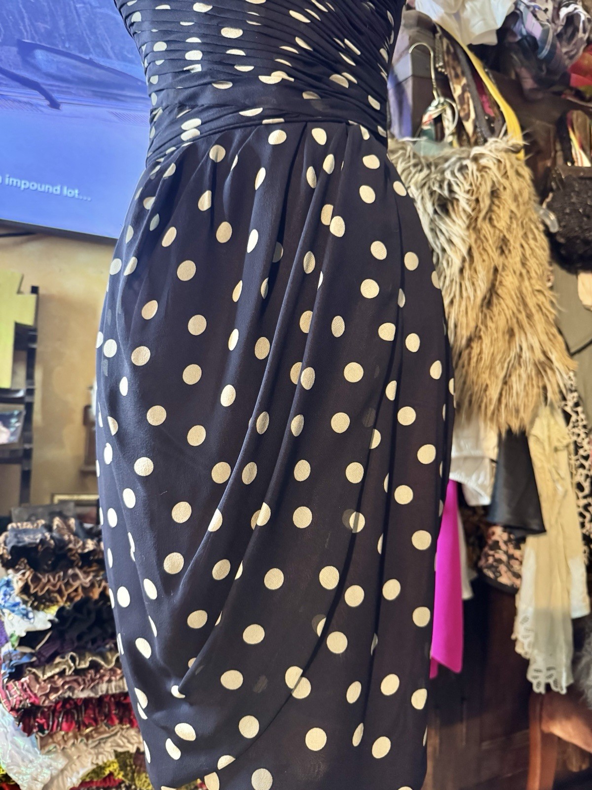 Vtg Kathryn Conover Polka Dot Navy Blue Strapless Bustier Silk Dress Ruched S M