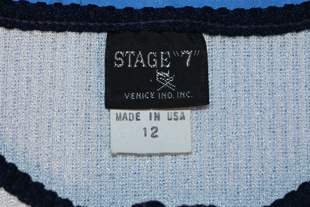 vintage 70s STAGE 7 BLUE WHITE STRIPE RIB KNIT POLY SLEEVELSS SHIRT WOMEN’S M