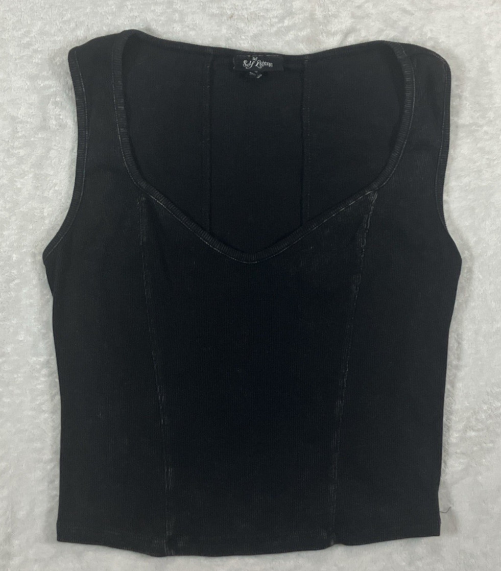 Vintage Self Esteem Y2K Corset Style Tank Top Black Punk Goth Medium Deep Plunge