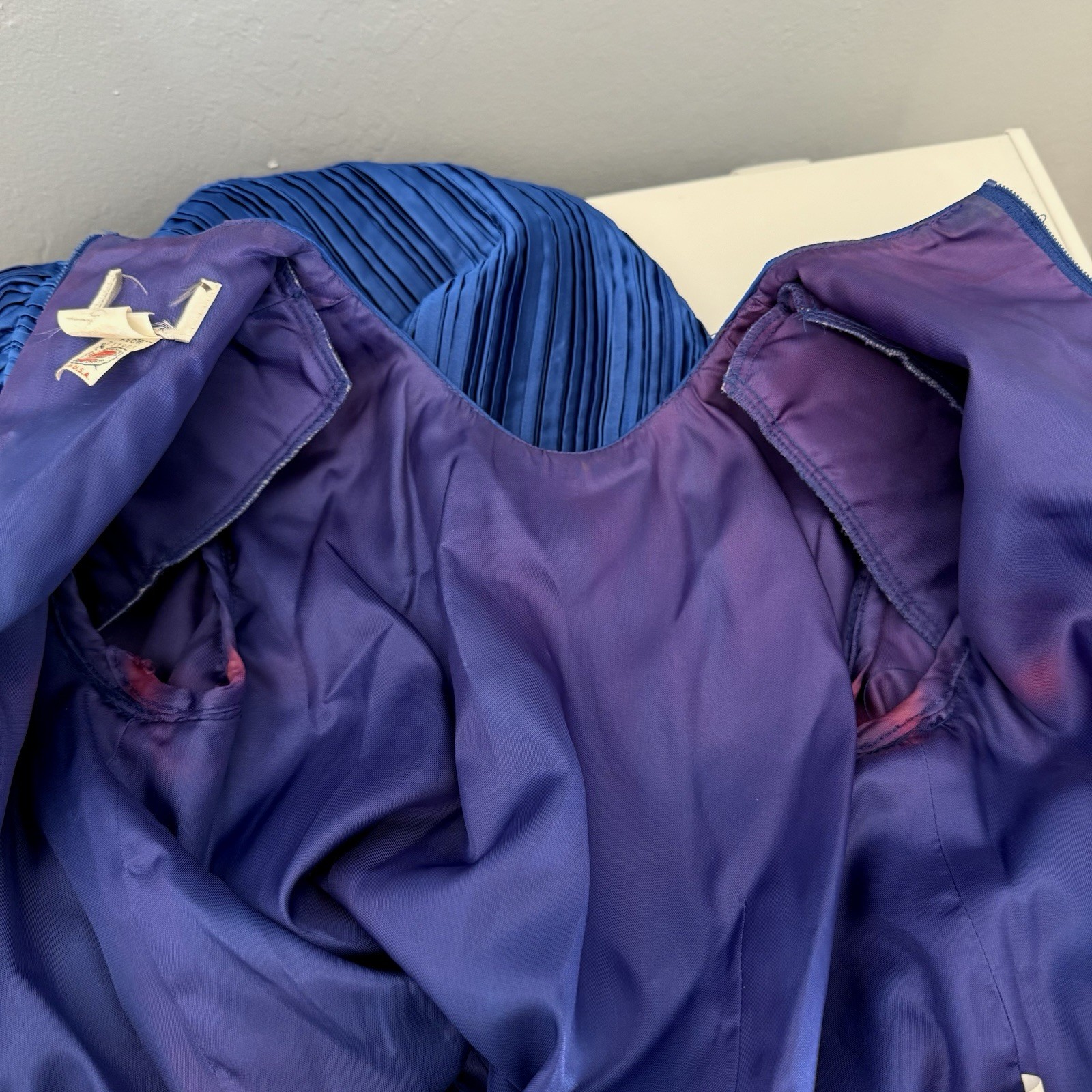Vintage 80’s Nuit Pleated Cocktail Party Dress Puff Sleeves Blue Rhinestone 6