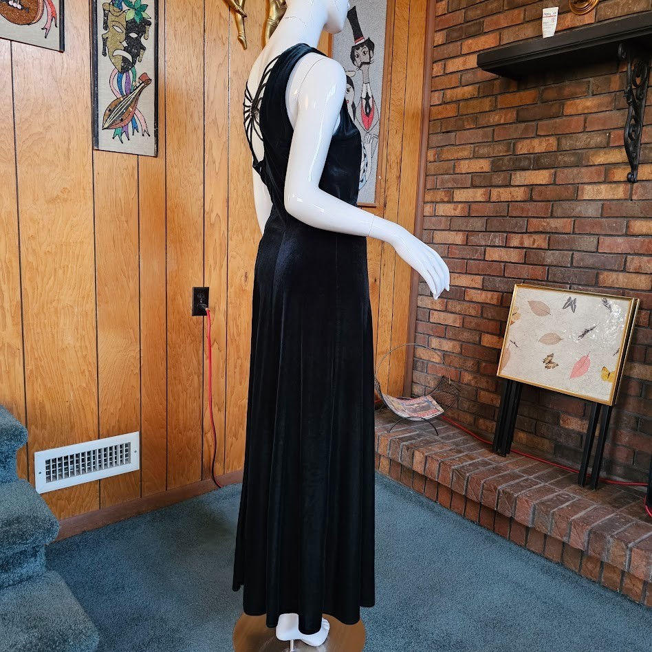 Vtg 90 Y2K Curvy Plus Goth Spider Back Emerald Green Velvet Prom Maxi Dress L/XL
