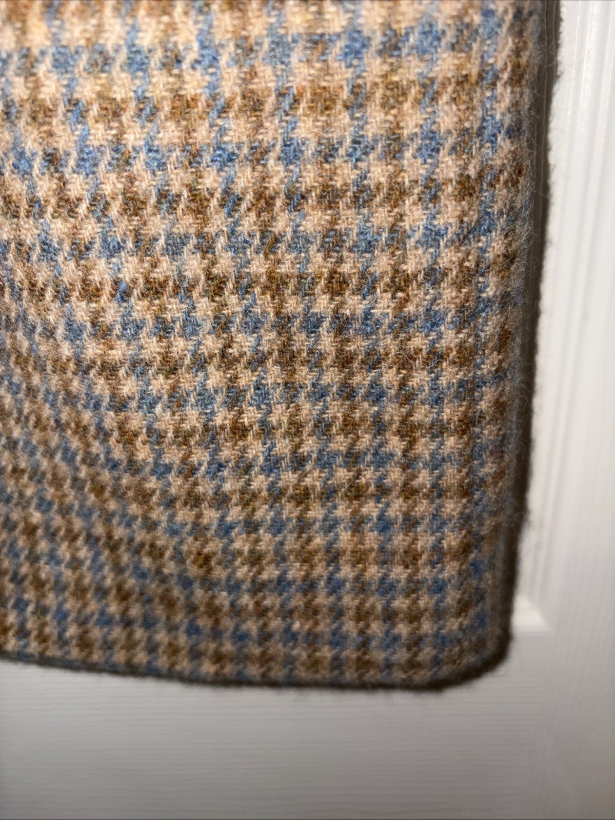 Vintage Handmade Wool Blend Tweed Skirt Blue Tan Houndstooth Lined 26 Waist