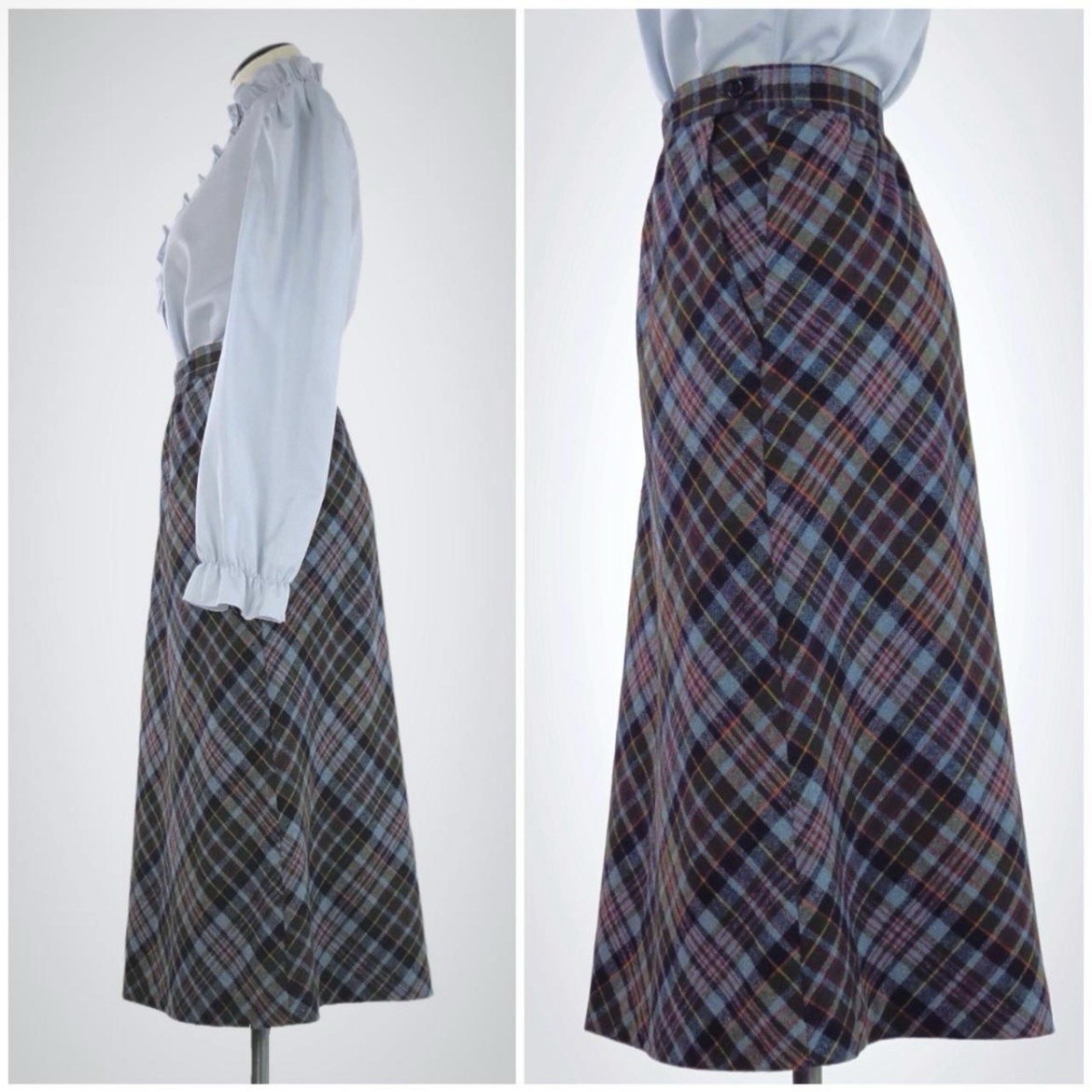Vintage 1970s A-Line Bias Plain Wool Midi Skirt – SIZE S – with Pockets