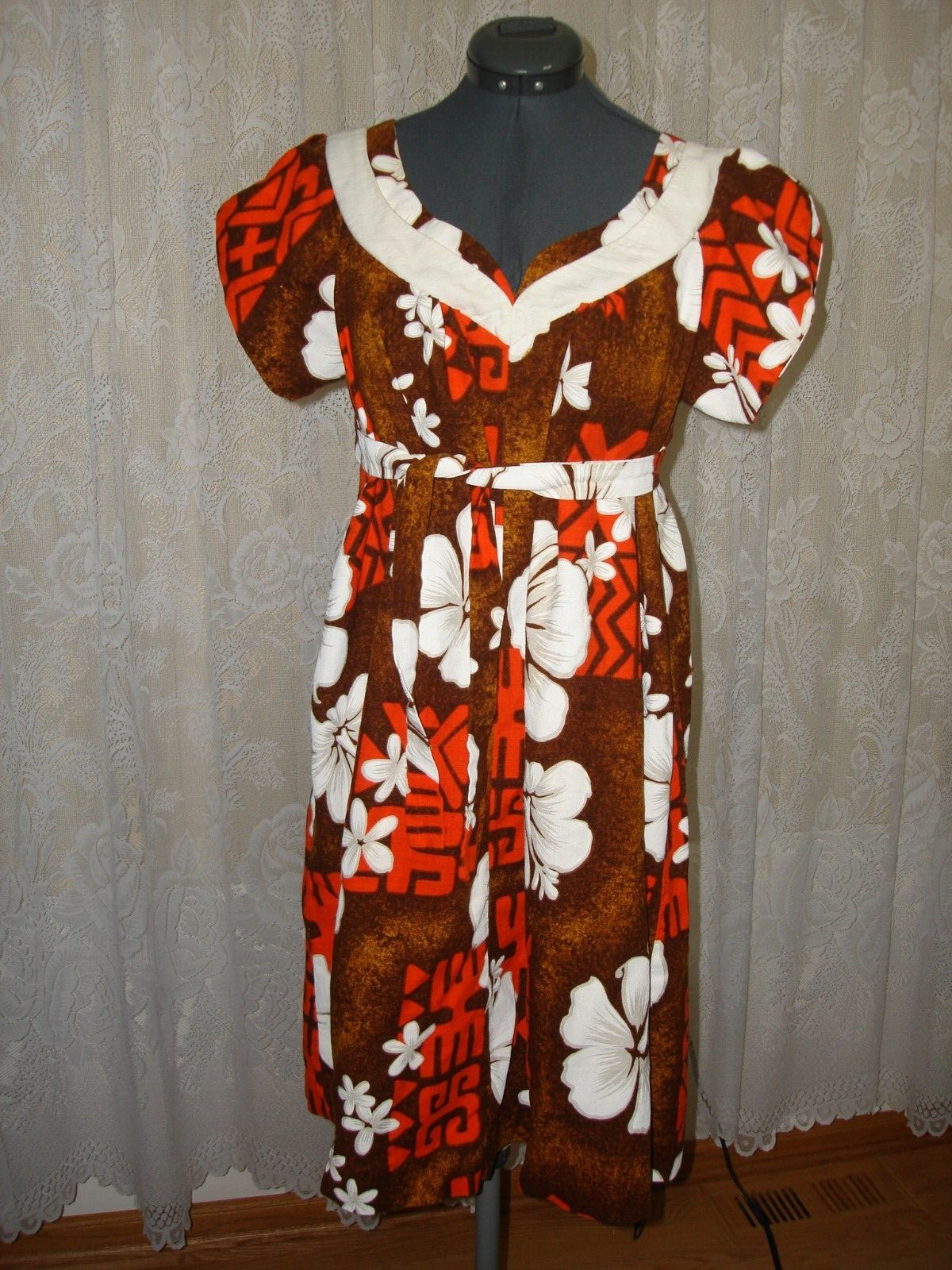 Vtg 70s WALTAH CLARKES Orange Brown White Floral Hawaiian Muu Muu Midi Dress M