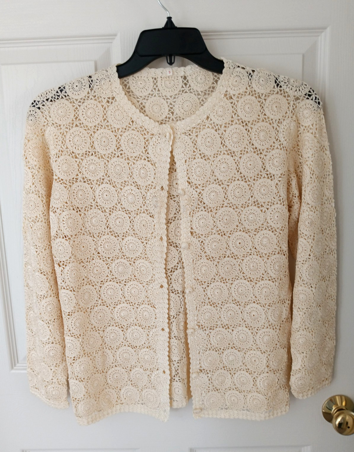 Vintage Handmade Crochet Cardigan Ivory Lace Boho Sweater Small Medallion