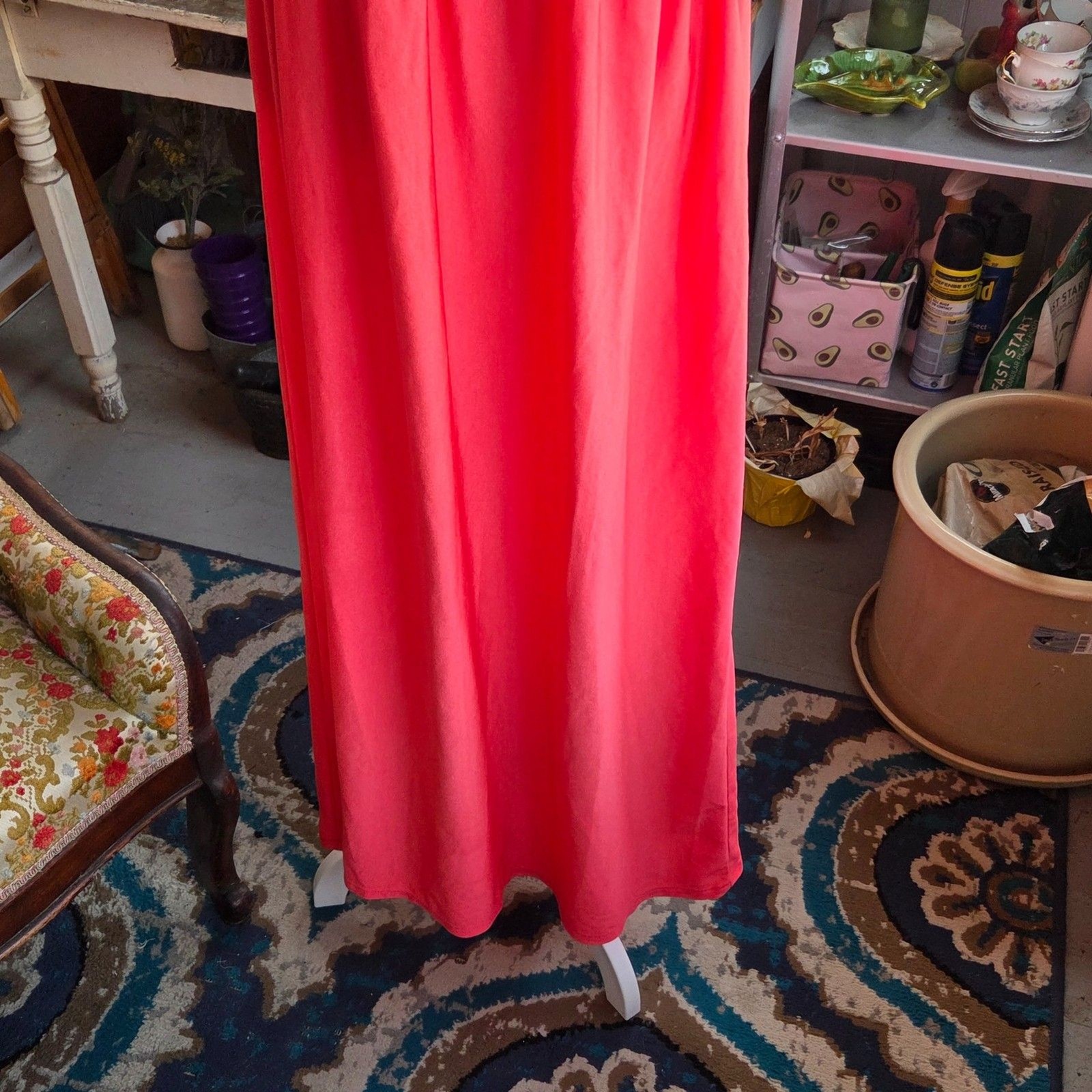 Vintage 1970s Coral Red Nylon Nightgown Maxi Gown Lace Empire Waist Medium