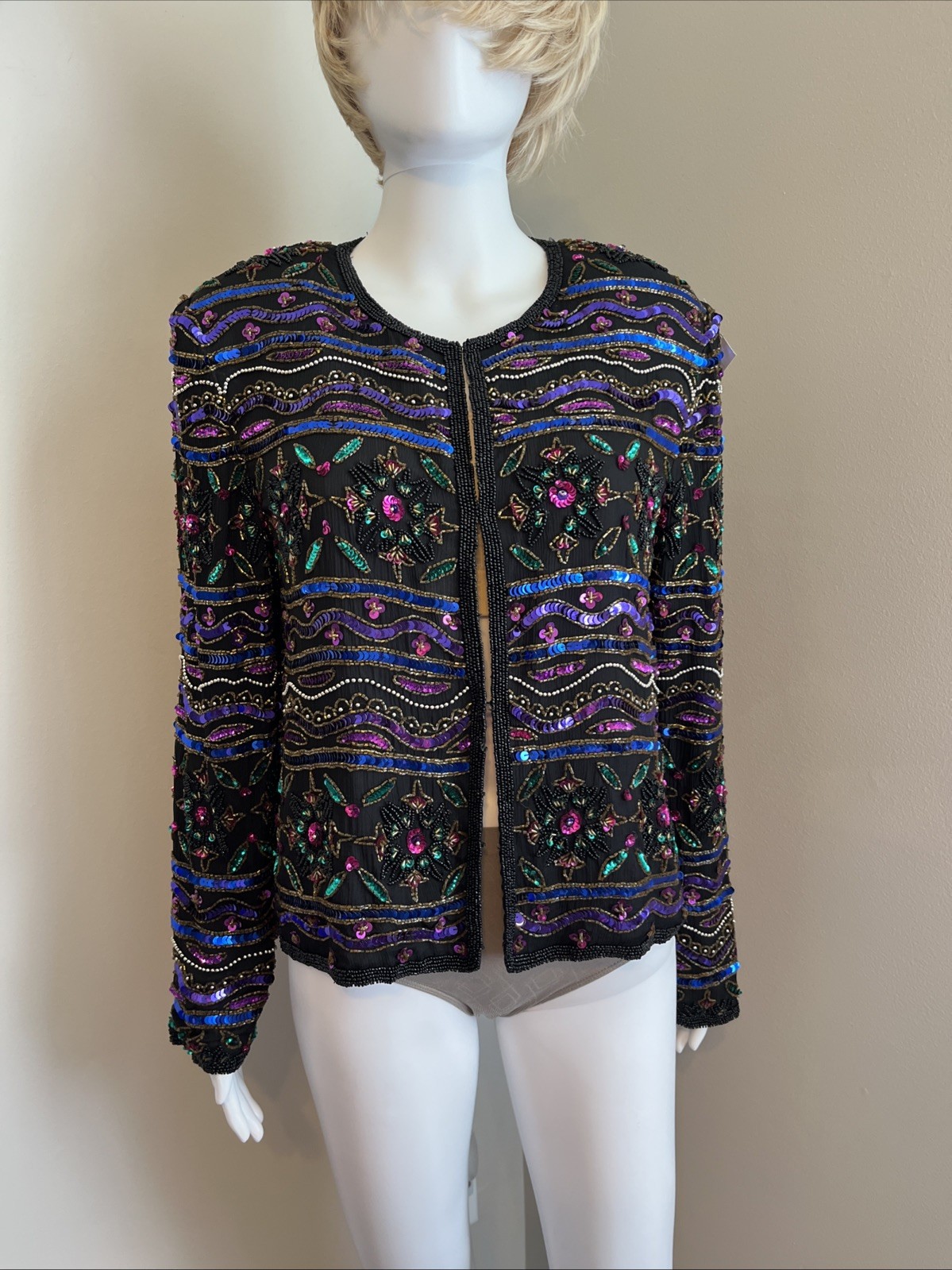 Vtg Papell Boutique Evening Heavily Sequined Beaded Silk Jacket Top Size 12