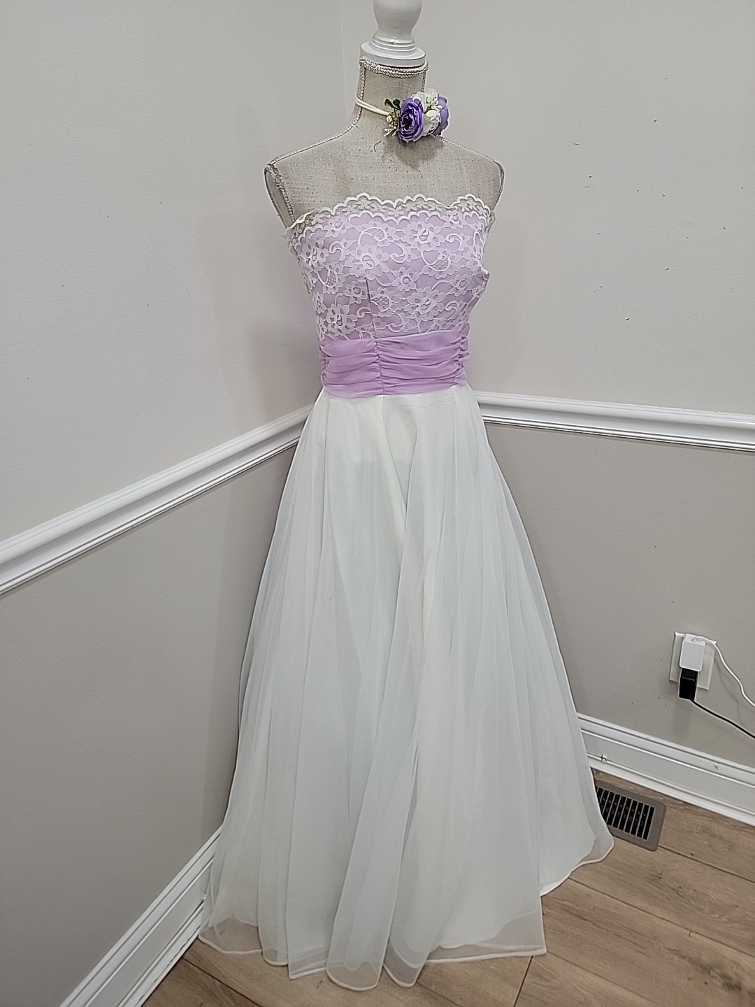 VTG’70s Lavender Lace Strapless Evening Dress ILGWU Organza Gown/Bridgerton Styl