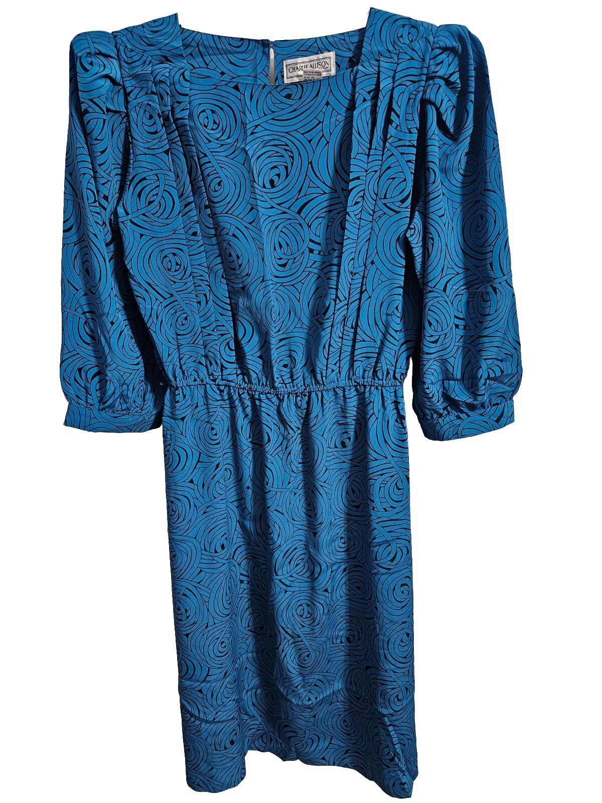 VTG 80s Secretary Dress Charlee Allison Sz 13/14 Teal Swirl Office Work Dress