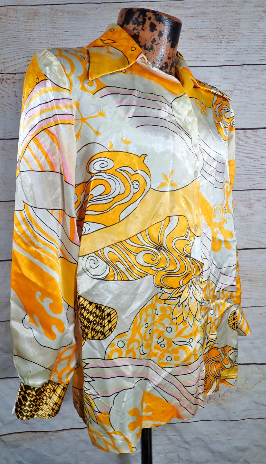 True Vtg 60’s Carole Sue Satin Loop Collar Shirt Women’s M MCM Abstract Art AOP