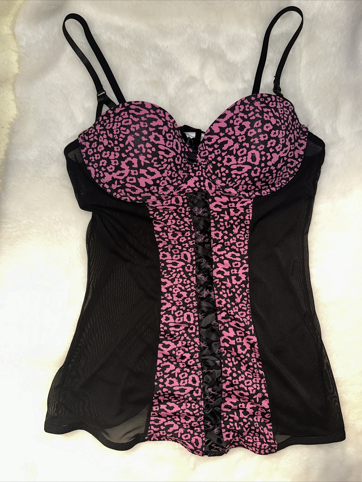 Playboy Lingerie Vintage 2000’s y2k Mesh Pink + Black Animal Print Logo Chemise