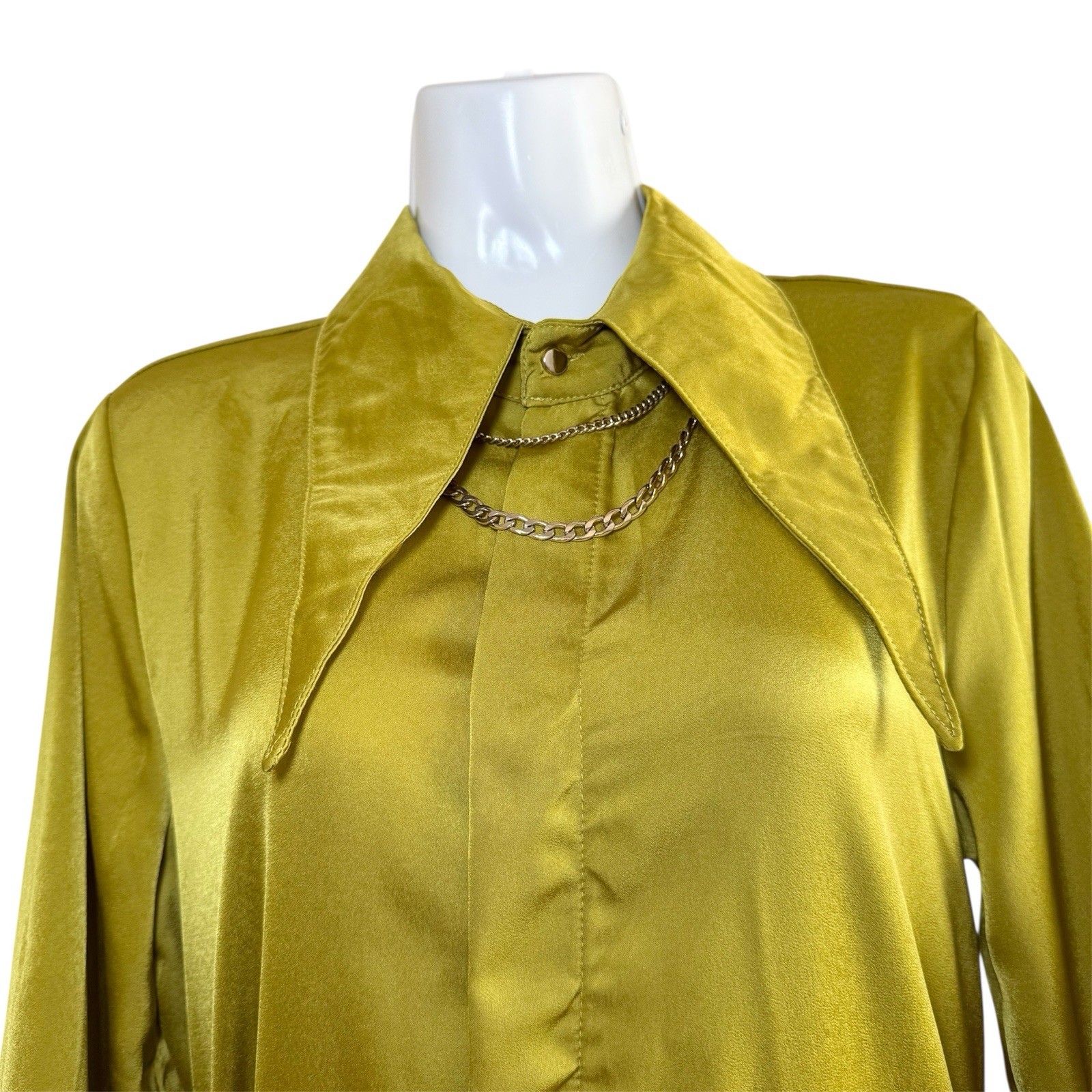 Vintage Mustard Yellow Satin Blouse Oversized Collar Chain Detail Size Small