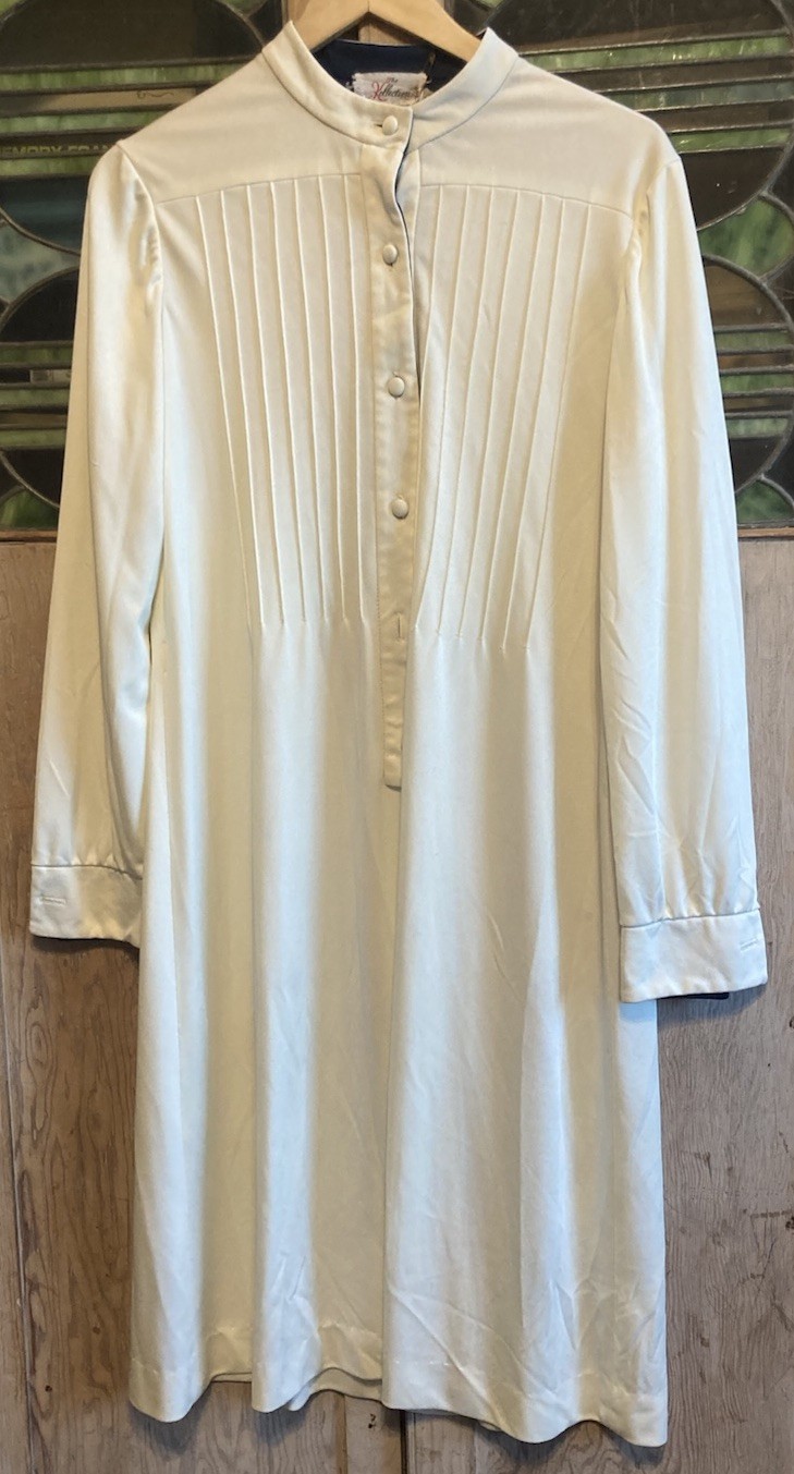 70s The Kollection Womens Shirt Dress Ivory Navy Trim Belt Loops *READ* – AS IS