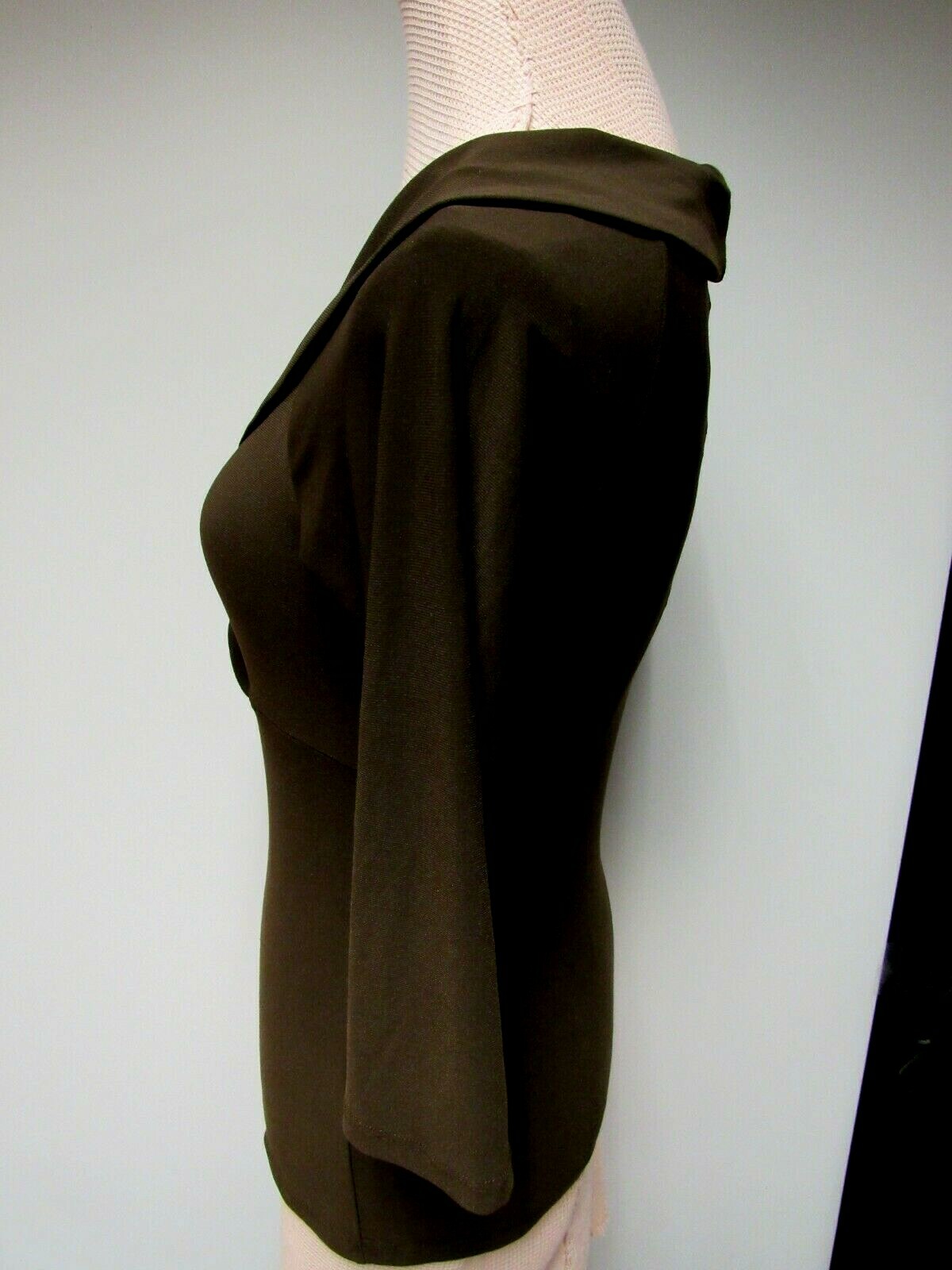 VTG PAPER DOLL Knit Top Surplice V Neck Empire Faux Wrap Chocolate Brown M EUC