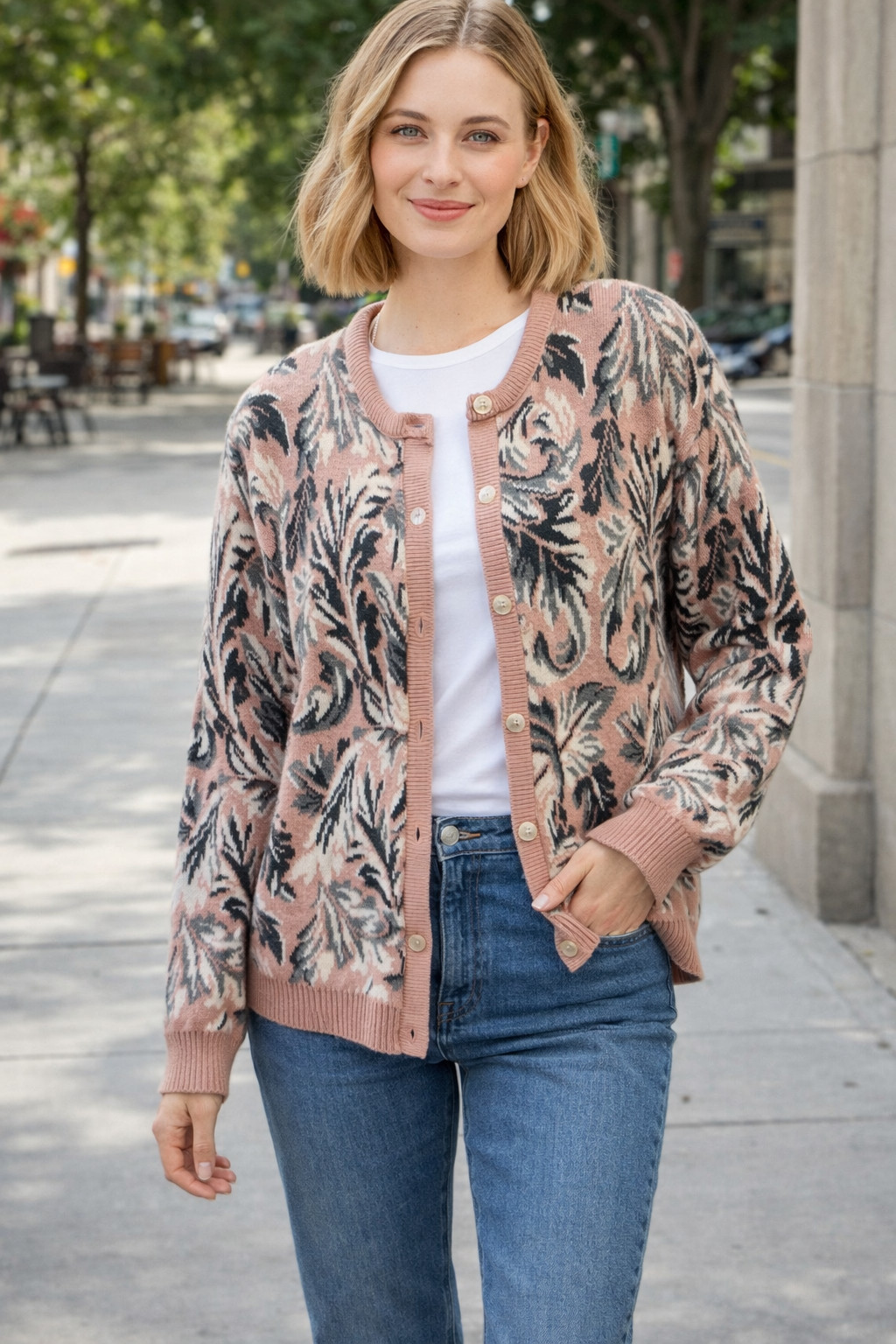 Vintage 90s Southern Lady Botanical Cardigan – Made in USA – Size L pink gray