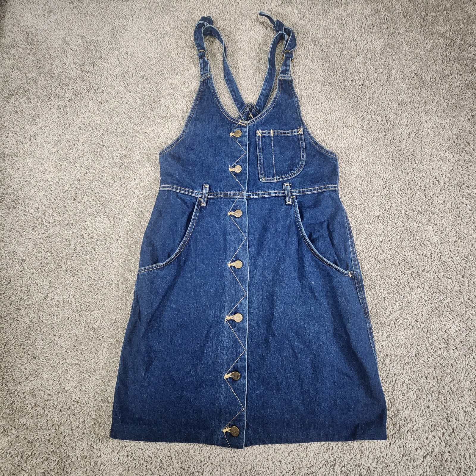 VTG Lee Denim Overall Dress Sz Medium 7/8 Dark Wash Button Front Bib USA 70s 80s