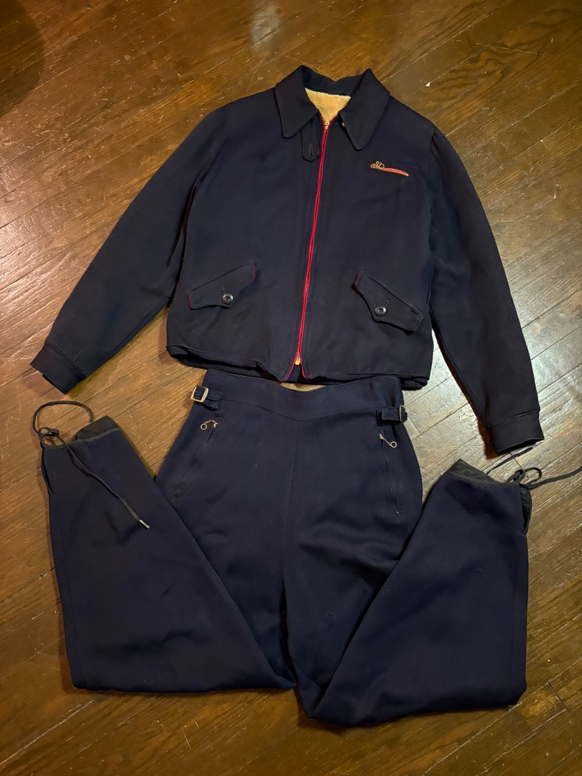 1940s Navy Alpine Ski Suit — Two-Piece Wool Gabardine Buckle Shearling Lined