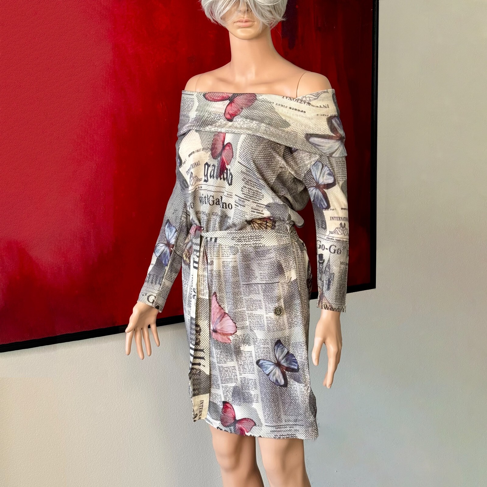 JOHN GALLIANO 2000s Gazette Newspaper Butterfly wool stretch dress print size M