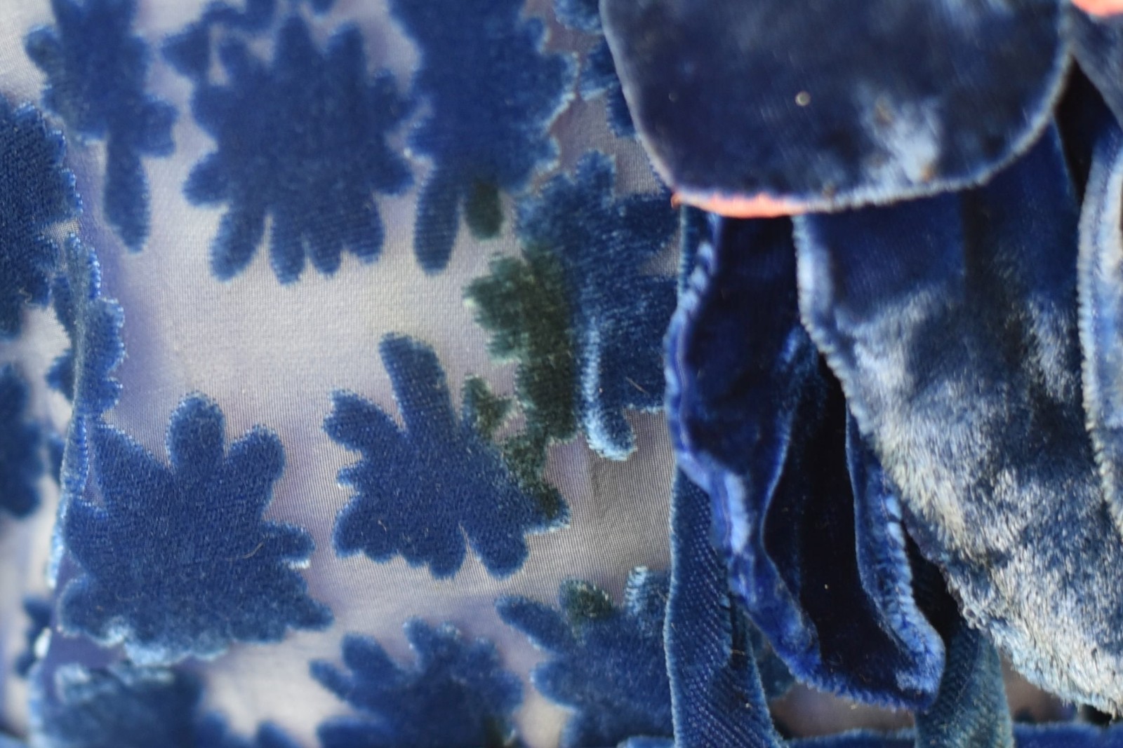 Antique 1930s Blue Devore Burnout Velvet Floral Art Deco Sheer Dress Larger Size