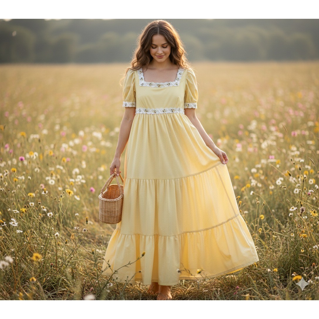 Vintage Yellow Polka Dot Prairie Maxi Dress Lace Trim Cottagecore Puff Sleeve