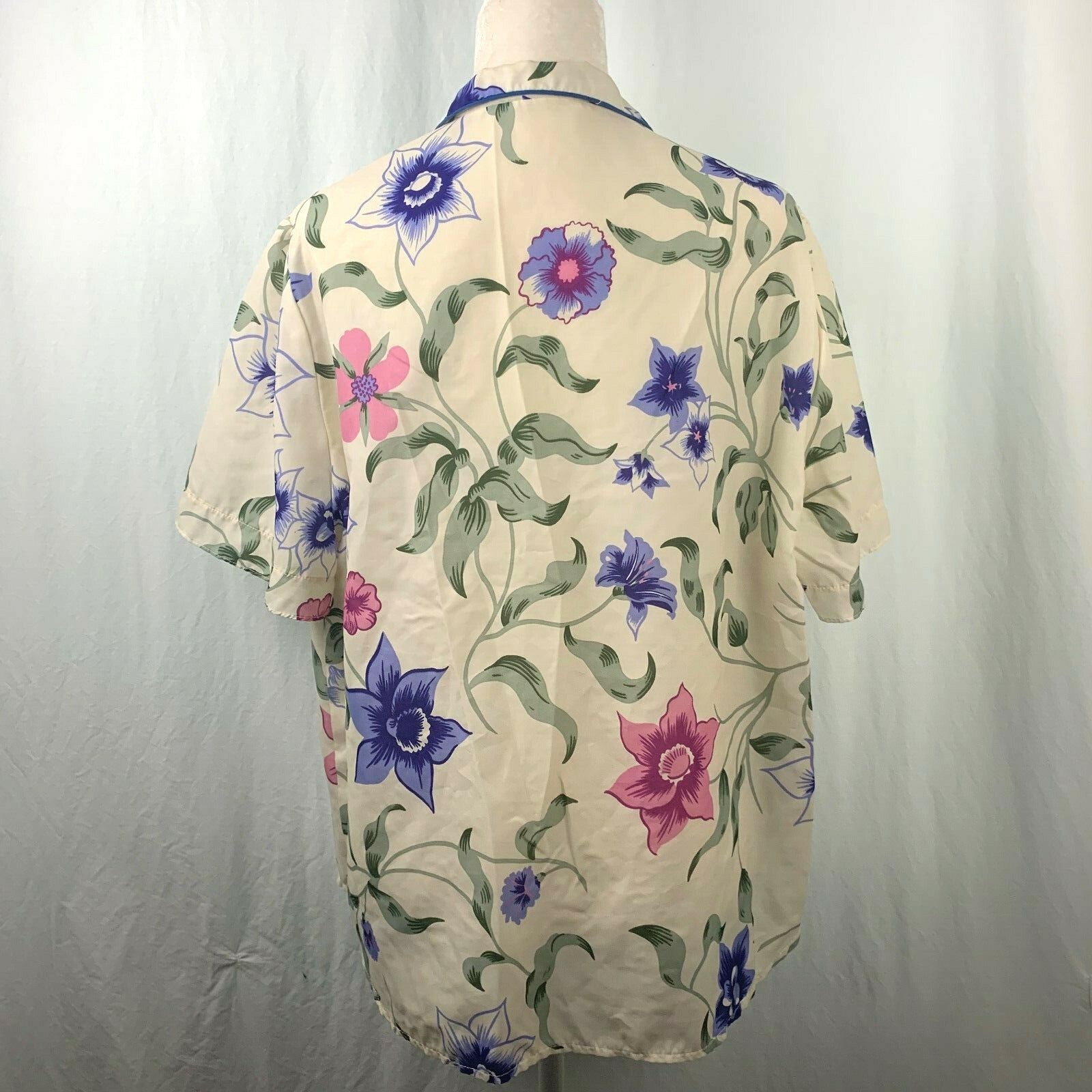 Vintage 70s Blouse Shirt Collared Button Front Womens XL Ivory Blue Pink Floral