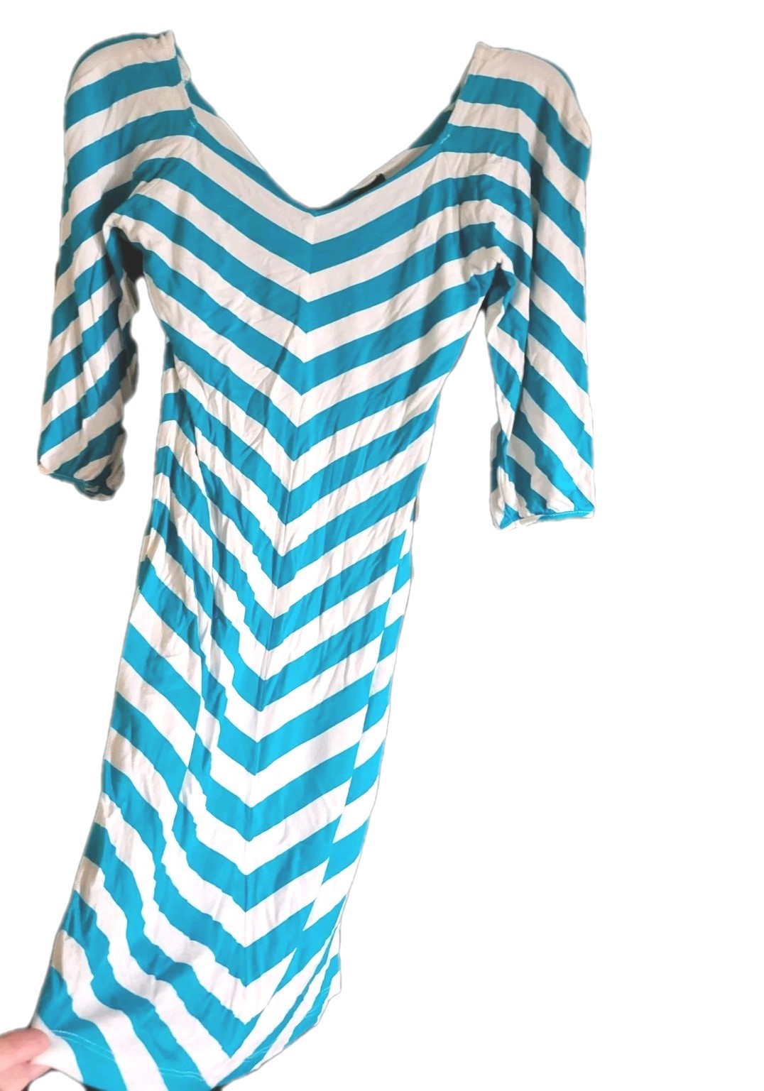 VTG 80s BEBE Stretch Tube Dress XS Turquoise White V-Stripe NWOT + FREE SHIPPING