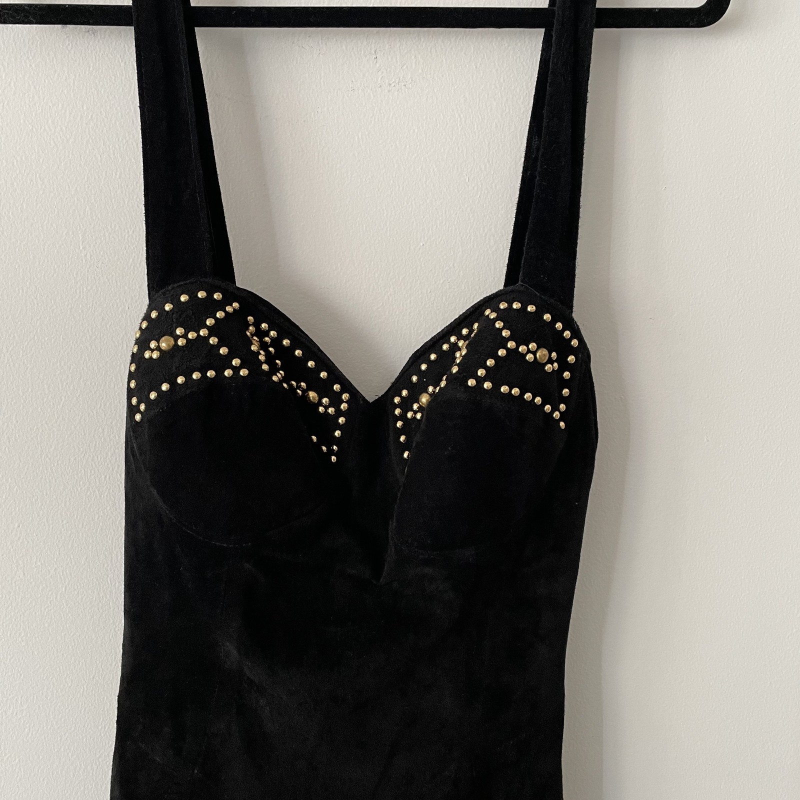 NWT VTG 90’s Firenze Santa Barbara Black Suede Leather Studded Mini Dress Size S