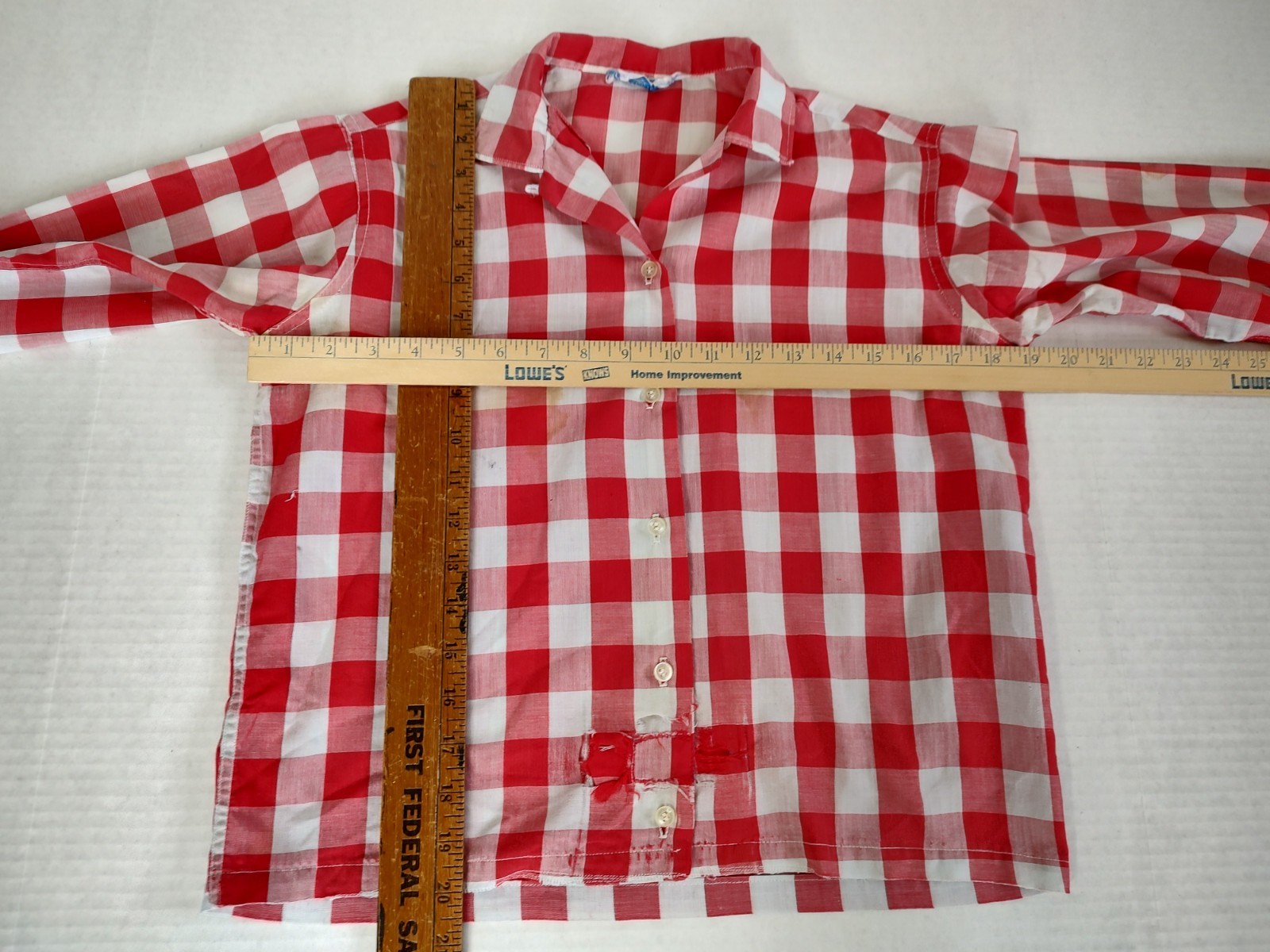 Vtg 50s/60s Shirt Womens Sz Sm Red White Check Loop Collar Distressed Rockabilly