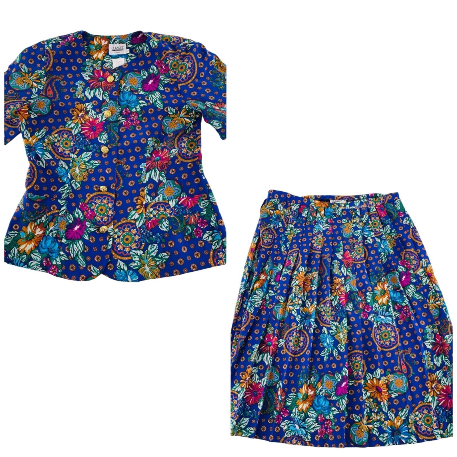 Classics by Leslie Fay Vintage Floral Paisley Skirt Set Blue Petite 8 2PC Suit