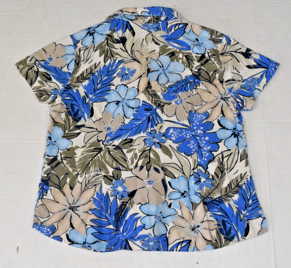 Vintage Gloria Vanderbilt Shirt Casuals Petite L 90s Blue Gray Tropical Floral