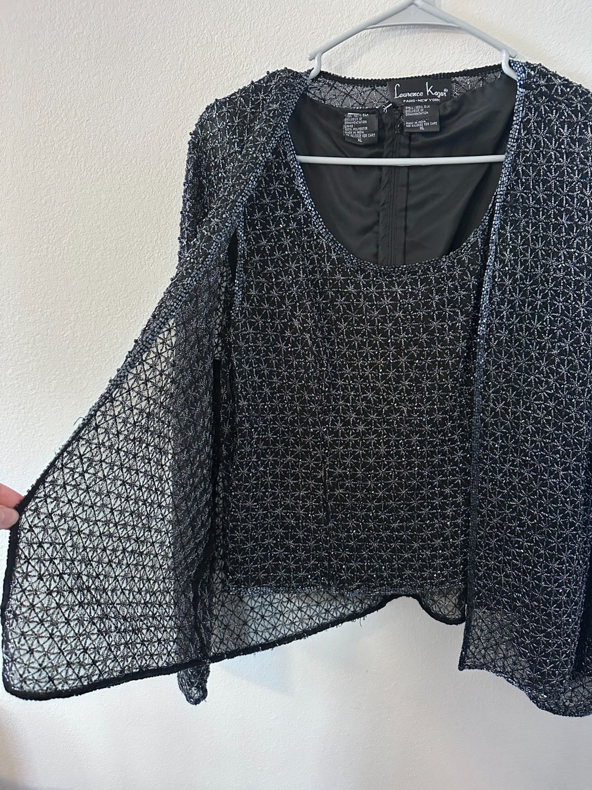 Vintage Laurence Kazar silk sequineed sheer black and silver top and jacket XL