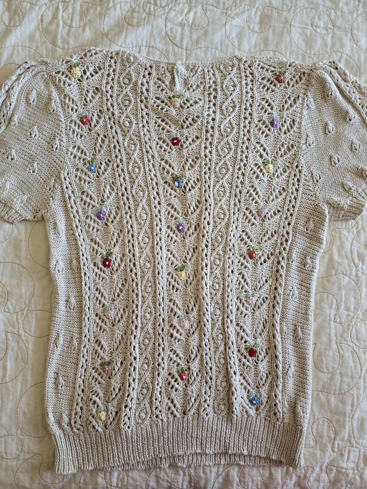 Vintage 60s Floral Knit Short Sleeve Sweater Womens Large Cottagecore Cream