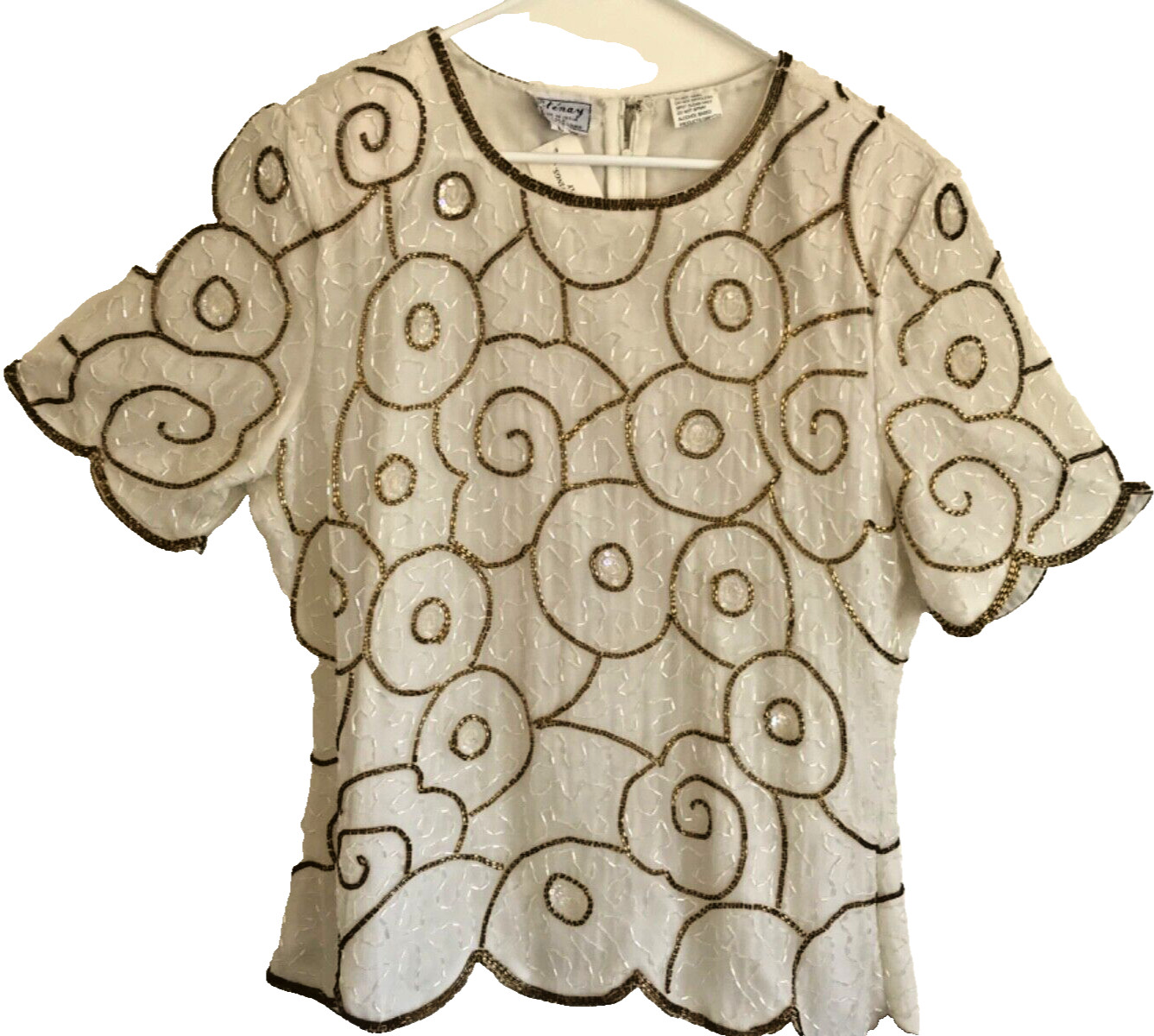 Vintage Silk Beaded Top, Ivory & Gold Stenay Deadstock Blouse, Shirt Formal L