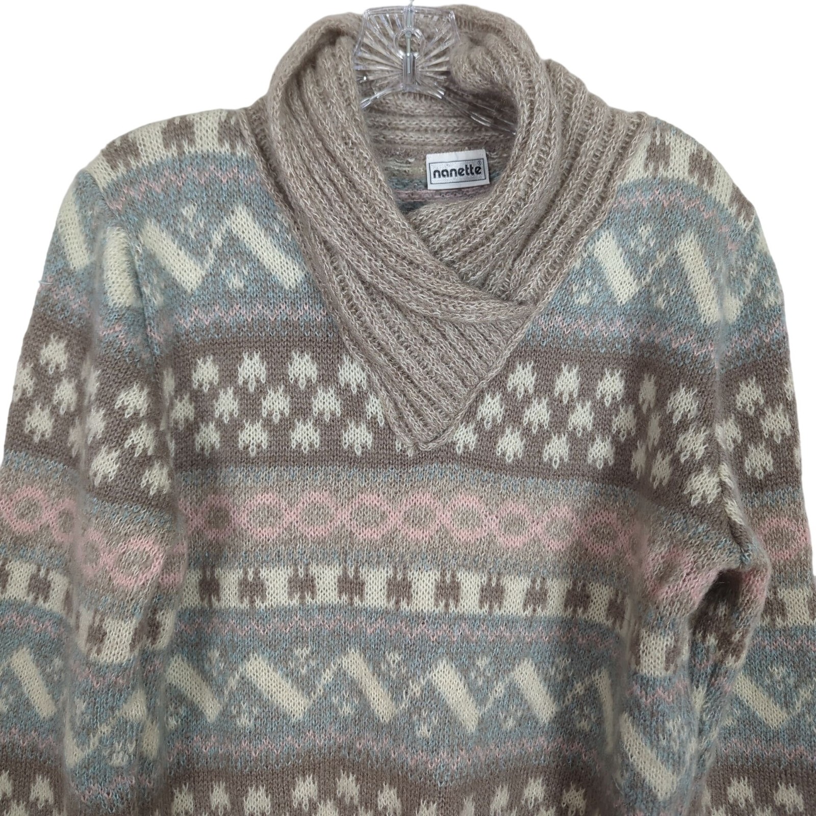 Vintage Nanette Women’s Fair Isle Sweater S/M Pastel Pattern Shawl Collar