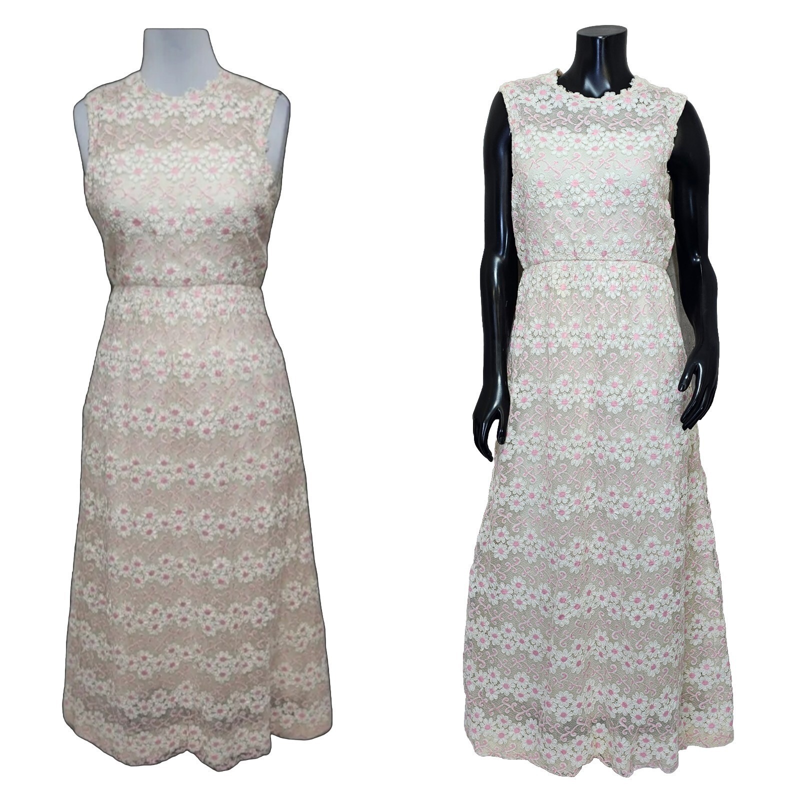 Vintage 60s 70s Pink White Floral Lace Maxi Dress Sleeveless Cottagecore M