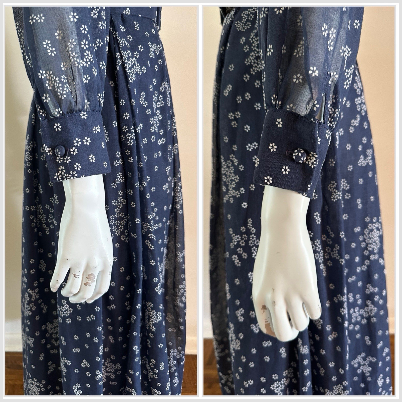 1970s Avalon Classics Dagger Collar Maxi Dress Boho Prairie Lace Daisy Print VTG